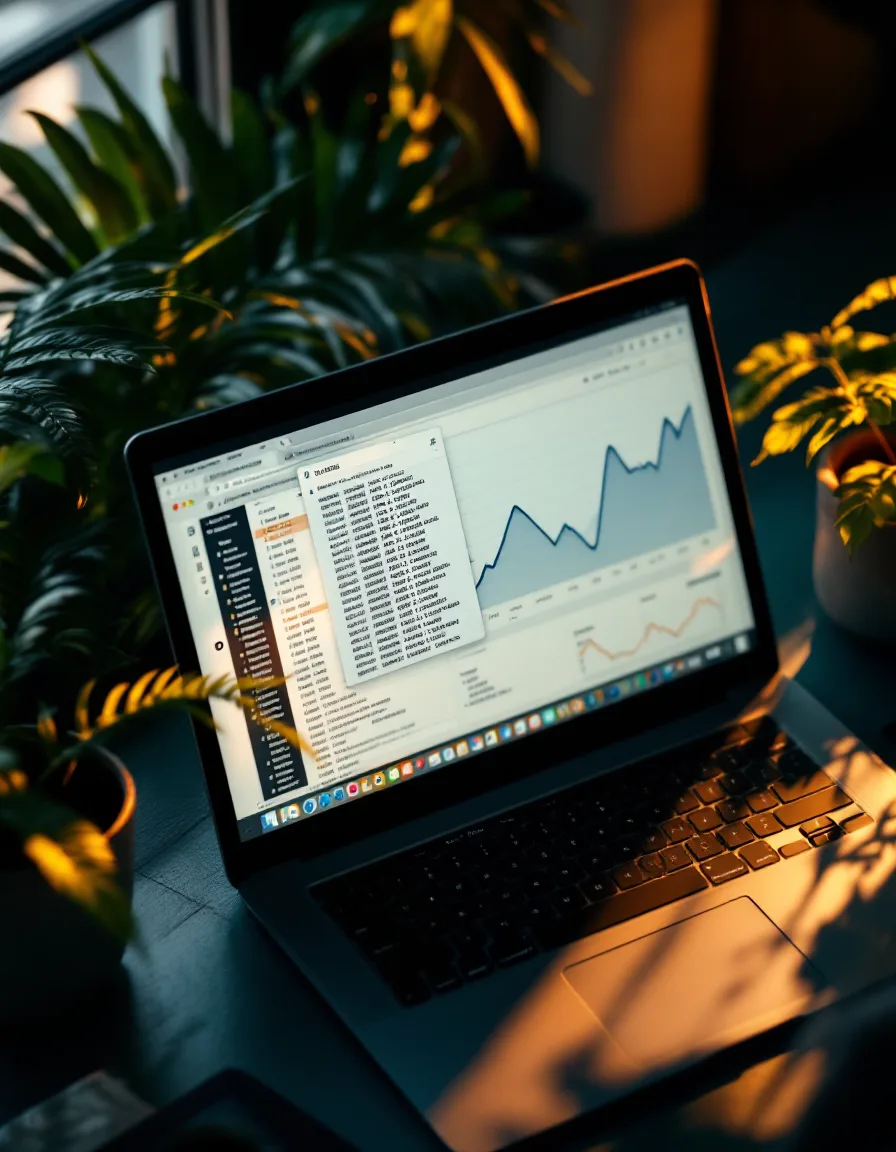 A laptop showing server logs and a rising traffic chart in warm light